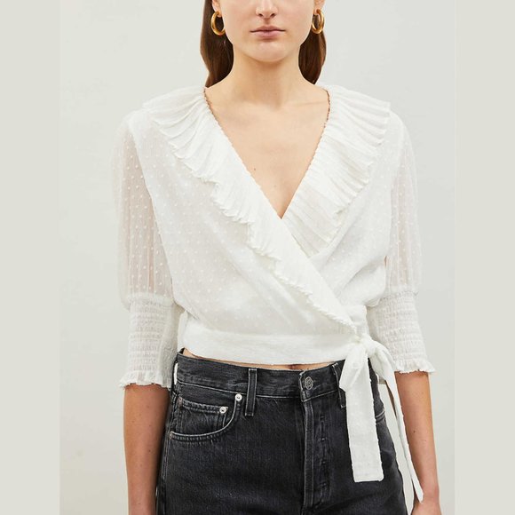 Maje Plumeti Cropped Blouse White Wrap-over Self-tie Belt Ruffle Trim V-neck - Picture 2 of 11